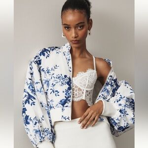Anthropology Cropped Floral Blue and White Women's Bomber jacket size Large